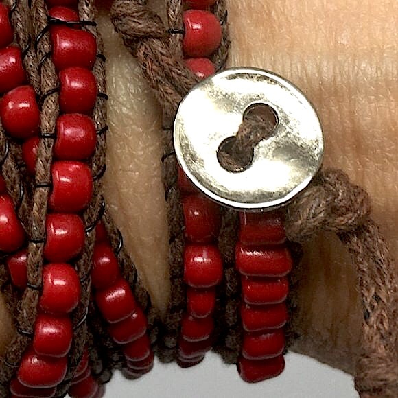 Boho Red Beaded Bracelet Wrapped on Waxed Linen with Silver Toned Button Closure - Picture 12 of 13